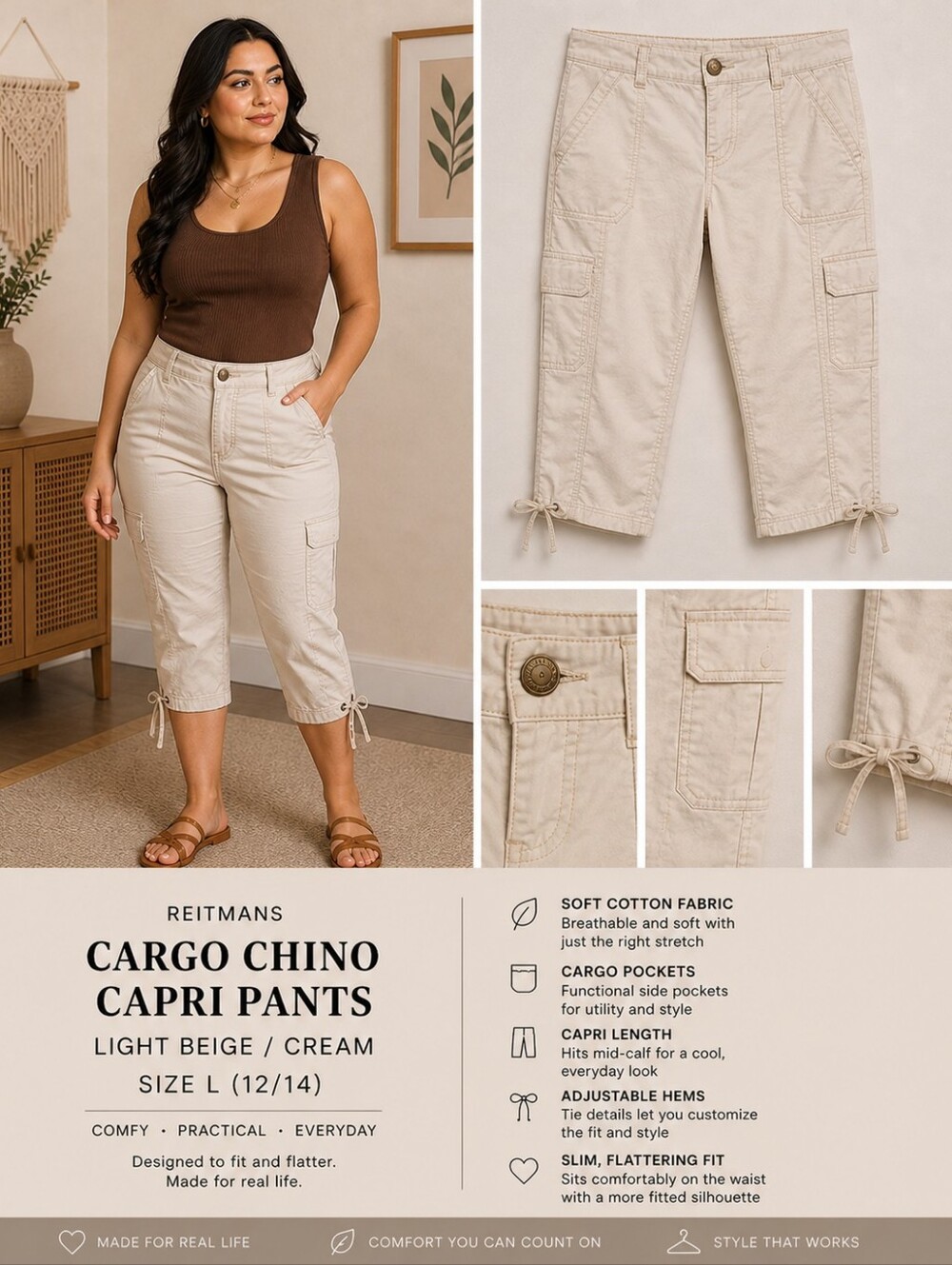 Reitmans Light Beige/Cream Cotton Cargo Chino/Capri Pants Size Large